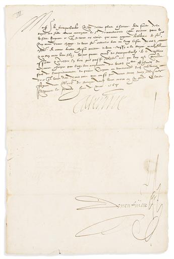 CATHERINE DE' MEDICI. Group of 4 Letters Signed, "Caterine," as Queen Mother, to French Ambassador to Spain Raymond de Rouer de Pavie